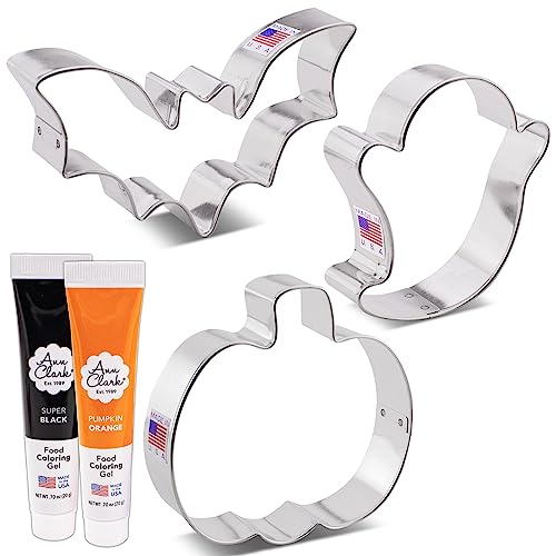 Halloween Cookie Cutters and Decorating 5-Pc. Set Made in USA by Ann Clark, Pumpkin, Ghost, Bat, Orange & Super Black Food Coloring Gel