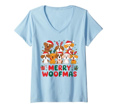 Donna Buon Woofmas Cute Christmas Dog Mom Divertente amante dei Maglietta con Collo a V