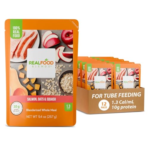 Image of Real Food Blends Salmon, Oats & Squash - Pureed Food Meals for Tube Feeding with Protein, Vegetables & Fruits - 330 Calories for Lunch & Dinner - 9.4 oz (Pack of 12) | For Tube Feeding, 10g Protein, 23 Vitamins and Minerals, 9.4 oz