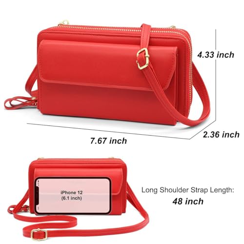 Image of Women Leather Wallet Crossbody Shoulder Bag with Double Zipper and Mobile Phone Purse with Shoulder Strap