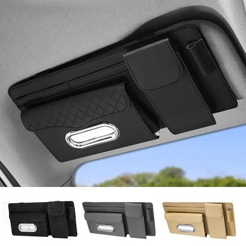 Image of DETACHI Car Sun Visor Organizer with Tissue Paper, Sunglass Pen Card Small Document Storage Pouch & Phone Holder, Leatherette, Multi-Pocket with Zipper Net-(Black, 18X3X37CM)