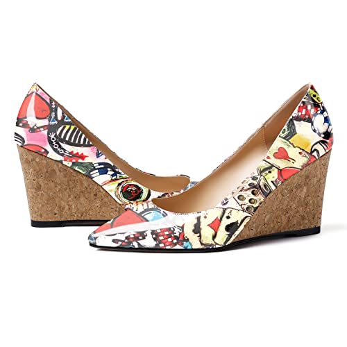 Mettesally Womens Wedge Shoes Pointed Toe Cork High Heels Pumps Slip On Comfort Office Work Dress Shoes4