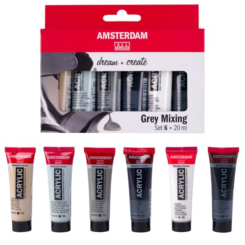 Set de Peinture Acrylique Standard Series Nuances de Gris, 6 x 20 ml, pigments de haute qualité, couleurs polyvalentes, résistantes à la lumière, formule durable, équilibre parfait des gris.