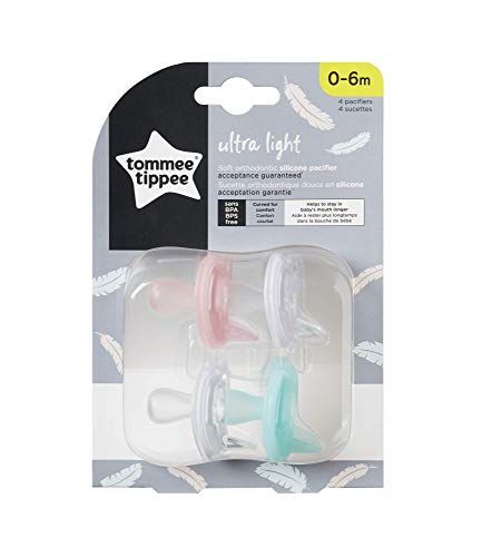 Tommee Tippee Ultra-Light Silicone Pacifier, Symmetrical One-Piece Design, Bpa-Free Silicone Binkies, 0-6M, 4-Count #TOP6