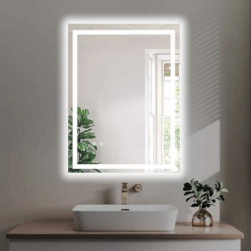 MOSSCO Espejo de maquillaje con iluminación 60 x 80 cm, espejo de baño con iluminación y regulable, antivaho, irrompible, memoria, 3 colores, espejo de baño con iluminación (horizontal/vertical)