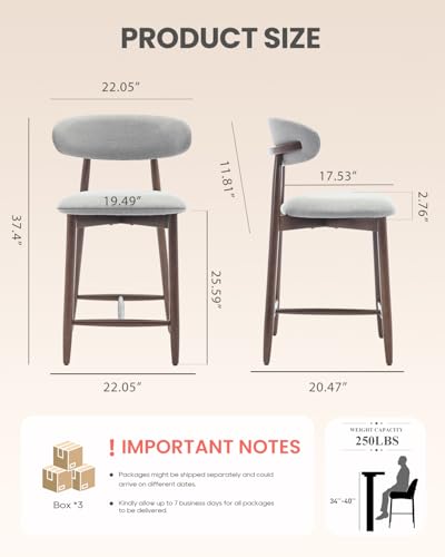 Image of Bar Stools Set of 6, 25.6″ Counter Height Bar Stools with Wood Legs, Upholstered Modern Kitchen Barstools for Kitchen Island Dining Room Bar, Light Grey