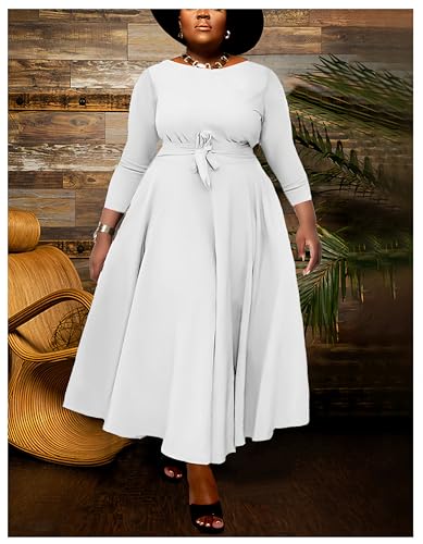 Image of Hostoyo Women Plus Size Formal A Line Maxi Dress Self Tie Waist with Pockets Elegant Round Neck Swing Long Dresses