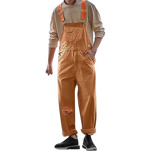 Salopette en jean pour homme avec bretelles réglables et poches, marron, 3XL