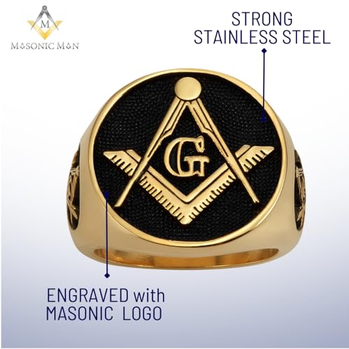 MasonicMan Mens Masonic Square and Compass Triple Sided Stainless Steel Ring Gift Pouch Gold Style2