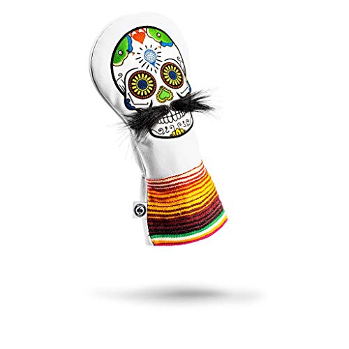 Pins & Aces Golf Co. LE Sugar Skull Mustache Driver Head Cover - Premium, Hand-Made Leather 1W Headcover - Funny, Tour Quality Golf Club Cover - Style and Customize Your Golf Bag (White)