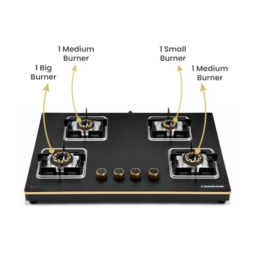 Image of Sunshine Shine Gold 4 Burner Gas Stove | Premium Glass Hob Top Cooktop | Auto Ignition | 10D Brass Burners | LPG & PNG Compatible | Golden Finish | 10 Year Glass & Burner Warranty | Black