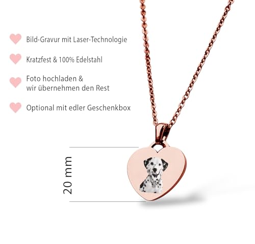 Portrait Halskette personalisiert mit Foto-Gravur - Haustier, Kind, Partner, Liebe - Bild gravieren, Geschenk, Erinnerung von Hund, Katze, Pferd | 45 + 5 cm verstellbar & Geschenkbox (Rosegold)