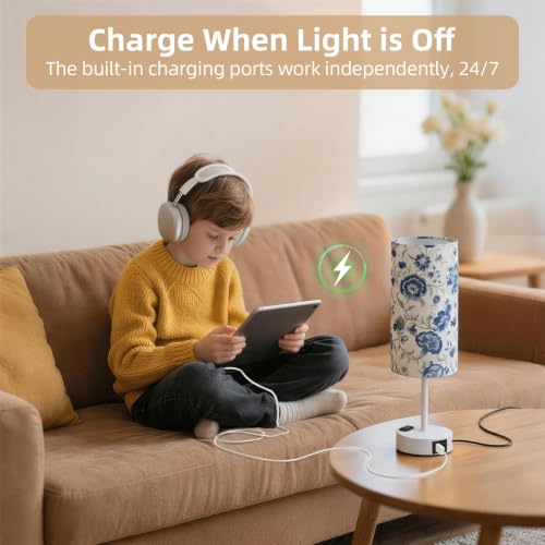Image of Table Lamp, Dimmable Touch, AC Outlet, USB A+C (Printed&White) | 3-Way Dimmable, Small Touch Lamp with Eye-Care LED Bulb, Ideal Bright Lighting Bedside Lamps for Nightstand, Bedroom, Reading