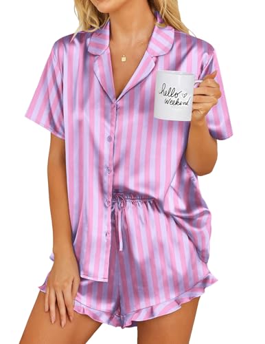Image of Ekouaer Womens Satin Pajamas Set Button Down 2 Piece Silk Pjs Shorts Set Ruffle Lingerie Notch Collar Sleepwear