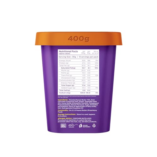 Image of Yogabar Dark Chocolate Peanut Butter Creamy & Chocolatey Slow Roasted Non-GMO Premium Peanuts 400gm, Jar
