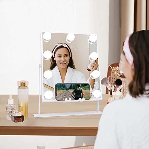 Fenchilin White Hollywood Vanity Mirror With Lights 9 Dimmable Bulbs Wireless Charger Bluetooth Speaker Makeup Mirror With Smart Touch Control For Glam Room Bedroom Detachable 10X Magnification #TOP5