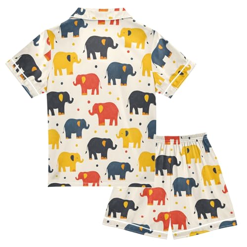 Colorful Elephant Dot Pattern Summer Satin Pajama Set, Cute Button-Down Sleepwear Pj Set for Sleep Wears2
