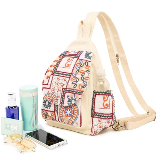 Image of SILKAREA Boho Embroidered Sling Backpack for Women Canvas Travel Chest Bag Multi-purpose Backpack Purse Shoulder Bag (Embroidered Orange)