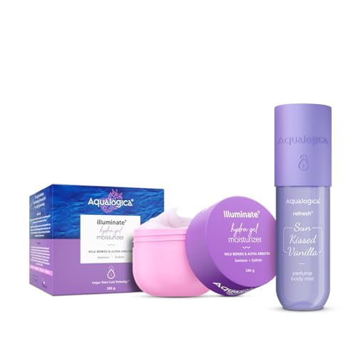 Image of Aqualogica VANILLA MIST & ILLUMINATE MOISTURIZER DUO|Refresh+ Sun Kissed Vanilla Perfume Body Mist (150 ml) + Illuminate + Hydra Gel Moisturizer|Dessert-Inspired Body Mist|24-Hour Hydration |Adds Glow