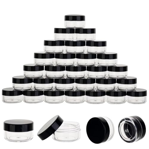 50 Count 5 Gram Sample Containers Clear Lip Balm Containers with Lids Small Plastic Sample Jars with 4 Mini Spoons 50pcs Labels (Black Lid)