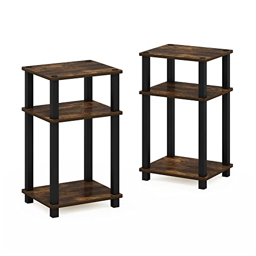Image of Furinno JUST Side Table Set of 2, 3-Tier Open Shelf End Table, Toolless Assembly Night Stand, Bedside Table with Square Tube, for Living Room, Bedroom, Amber Pine