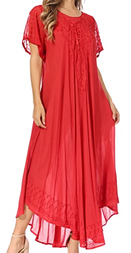 Image of Sakkas Egan Long Embroidered Caftan Dress /Cover Up with Embroidered Cap Sleeves