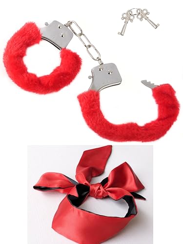 Metal Handcuffs with Keys for Cosplay Police, silver Handcuffs Prop Dress Ball Party Cosplay for partner (red+Blindfold, L)