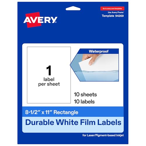 Avery Printable Durable White Rectangle Labels, 8.5" x 11", Waterproof Labels, Laser & Pigment-Based Inkjet Compatible, 10 Total, Great for Product Branding, Marketing, and More