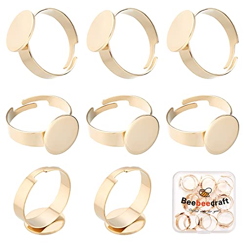 Beebeecraft 20Pcs/Box Adjustable Blank Rings 24K Gold Plated Stainless Steel 12mm Flat Ring Cabochon Base Blank Finger Settings for DIY Jewellery Making Crafts (Gold Color)