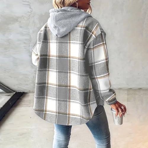 Jackets for Women with Hood Casual Loose Button Down Buffalo Plaid Flannel Shirts Fall Winter Fashion Shacket Coats3
