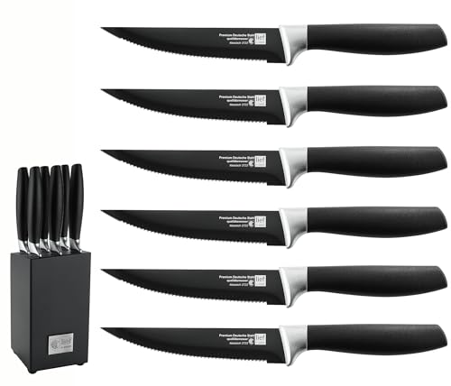 lief + svein German Steel Steak Knife Set with Wooden Block – 6-Piece Premium Serrated Steak Knives for Effortless Cutting, Sharp Blades, Ergonomic Handles & Elegant Design – Luxury Cutlery Set