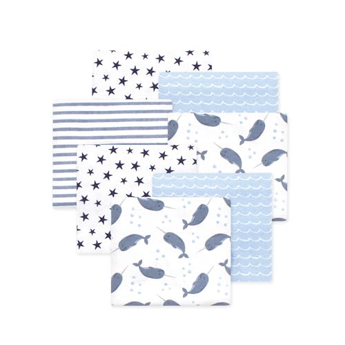 Image of Little Treasure Hudson Baby Cotton Poly Flannel Receiving Blankets Multipack, Blue Narwhal, 30x30 inches