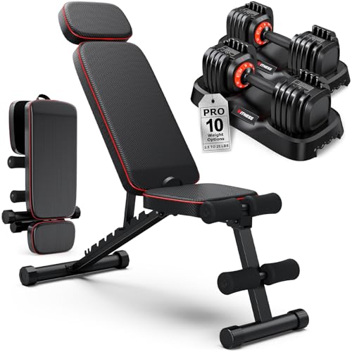 Adjustable Dumbbells & Flat Weight Bench for Home