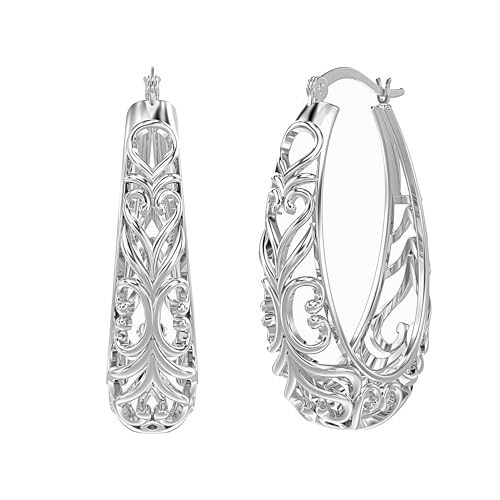 18K Gold-Plated 925 Sterling Silver Post Filigree Hoop Earrings for Women | Silver Post Oval Hoops Earring | Size 25mm, 32mm