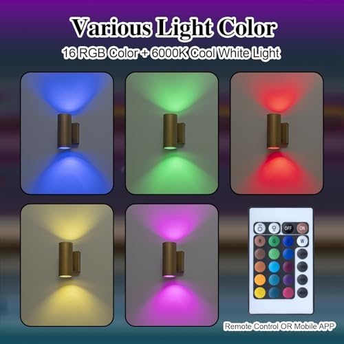 Image of RGB Outdoor Wall Light LED Exterior Lighting Fixtures with Remote Control or App Control, 7 inch Handmade Gold Outdoor Sconce Lights for House Front Door Garage Patio Porch
