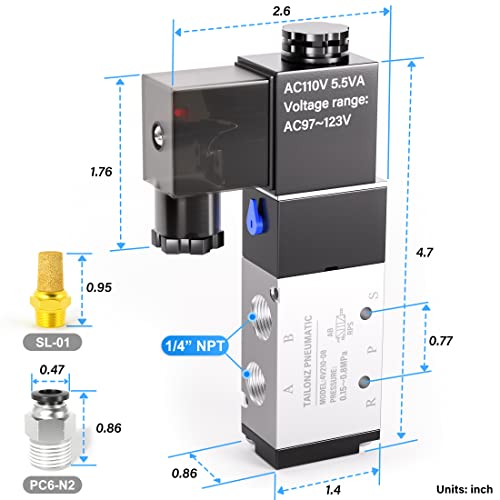 TAILONZ PNEUMATIC 1/4"NPT Solenoid Valve 4V210-08 AC110V Single Coil Pilot-Operated Electric 2 Position 5 Way Connection Type Junction Box