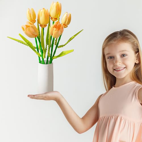 Image of ZONECYTD Flower Bouquet Building Toy Set Tulips Artificial Flowers, Plant Botanical Building Blocks for Adults Home Office Decor Compatible with Lego Orange Color