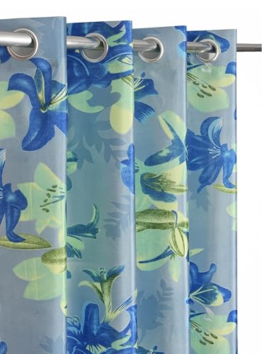 Image of Digital Printed Big Flower Eyelet Polyester Curtains - Blue, 7 Feet, Pack of 2