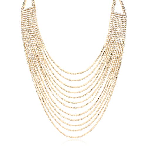 RIAH FASHION Chain Drape Multi Strand Long Layered Waterfall Necklace - Sparkly Rhinestone Statement Bib, Metallic Bead Collar Choker, Bohemian Fringe Tassel (Cubic Zirconia Chain - Gold)