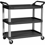 Rubbermaid Commercial Products Heavy Duty 3-Shelf Rolling Service/Utility/Push Cart, 300 lbs. Capacity, Black, for Foodservice/Restaurant/Cleaning (FG409100BLA)