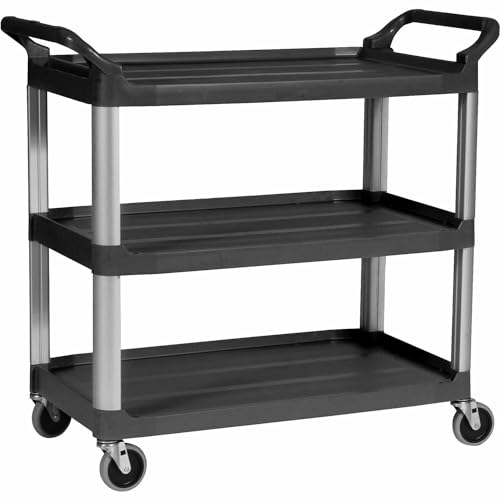 Rubbermaid Commercial Products Heavy Duty 3-Shelf Rolling Service/Utility/Push Cart, 300 lbs. Capacity, Black, for Restaurant/Cleaning/Office use (FG409100BLA)