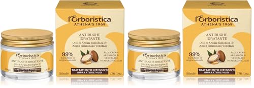 L'Erboristica Athena's - Crema Viso Antirughe - Acido Ialuronico Viso con Olio di Argan, Burro di Karité, Olio di Jojoba e Ginko Biloba - Crema Idratante Viso per Pelle Mista - 50 ml (Confezione da 2)