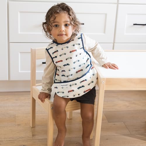 Image of Tiny Twinkle Mess Proof Baby Bib for Girls | Waterproof Toddler Bib for Eating | Baby Apron for Feeding | Machine Washable | Perfect Shower Gift (Vintage Cars, 6-24M)