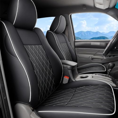 Image of Coverado Tacoma Seat Covers, Car Seat Covers Front Seats, Leather Seat Covers for Cars Car Seat Protector Cushion Tacoma Accessories Custom Fit 2005-2015 Toyota Tacoma Double /Crew Cab(White Line)