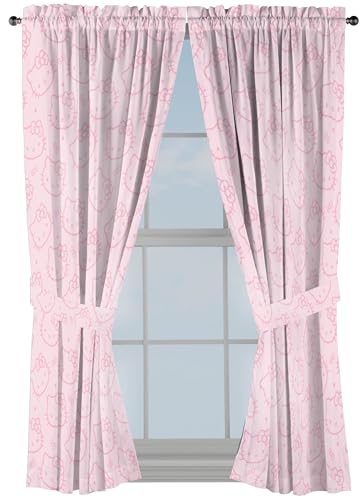Jay Franco Lot de 2 rideaux de fenêtre pour chambre à coucher avec 2 embrasses, rose – Hello Kitty, 106,7 cm de large x 160 cm de long