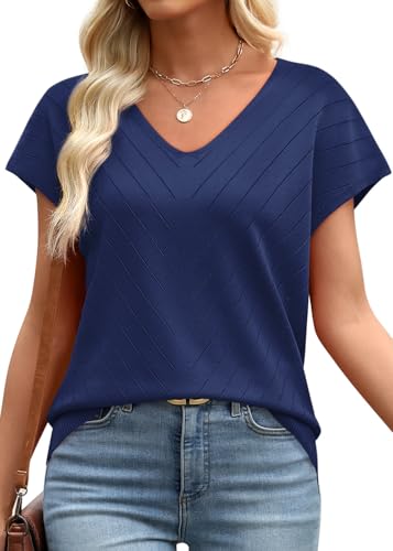 Image of WIHOLL Short Sleeve Sweater for Women V Neck Trendy Summer Tops 2026 Beach Vacation Clothes Travel Business Casual Outfits