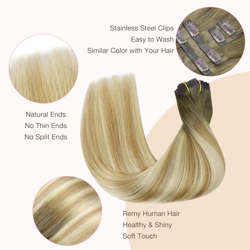 Image of GOO GOO Clip in Hair Extensions Real Human Hair, Remy Human Hair Extensions Clip ins for Women, Natural Human Hair, 24inch 120g 7Pcs, 5A /90 /16F Bahamian Balayage