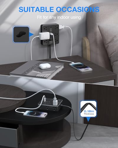 Flat Plug Power Strip, 5Ft Extension Cord with Multiple Outlets | HUNIAN 12 Widely Spaced Outlets 6 USB Charger (2 USB C Ports), Desk Charging Station for Home Office Supplies, Black miniatura 5