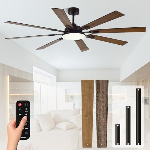 Image of 72 Inch Ceiling Fans with Lights and Remote, Dual Color 8 Blades, Bedroom Living Room Office Library Cafe Outdoor Industrial, 3CCT Dimmable, 6 Speed Reversible Quiet DC Motor, Brown /Wood Grain