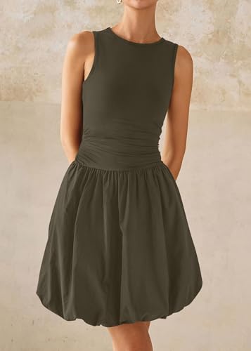 Image of KIRUNDO Summer Dresses for Women 2026 Cute Mini Sleeveless Bubble Dress | Stretchy Ruched Front Cinched Waist, Woven Balloon Skirt, Crewneck Tank Sundress With Pockets, Casual Party Vacation Outfits